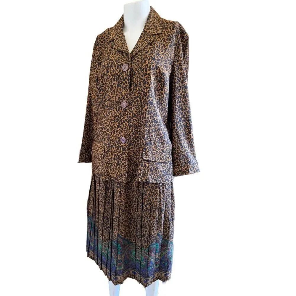 Alfred Schrader cheetah women’s size 14 blouse button up skirt set 90s safari Af